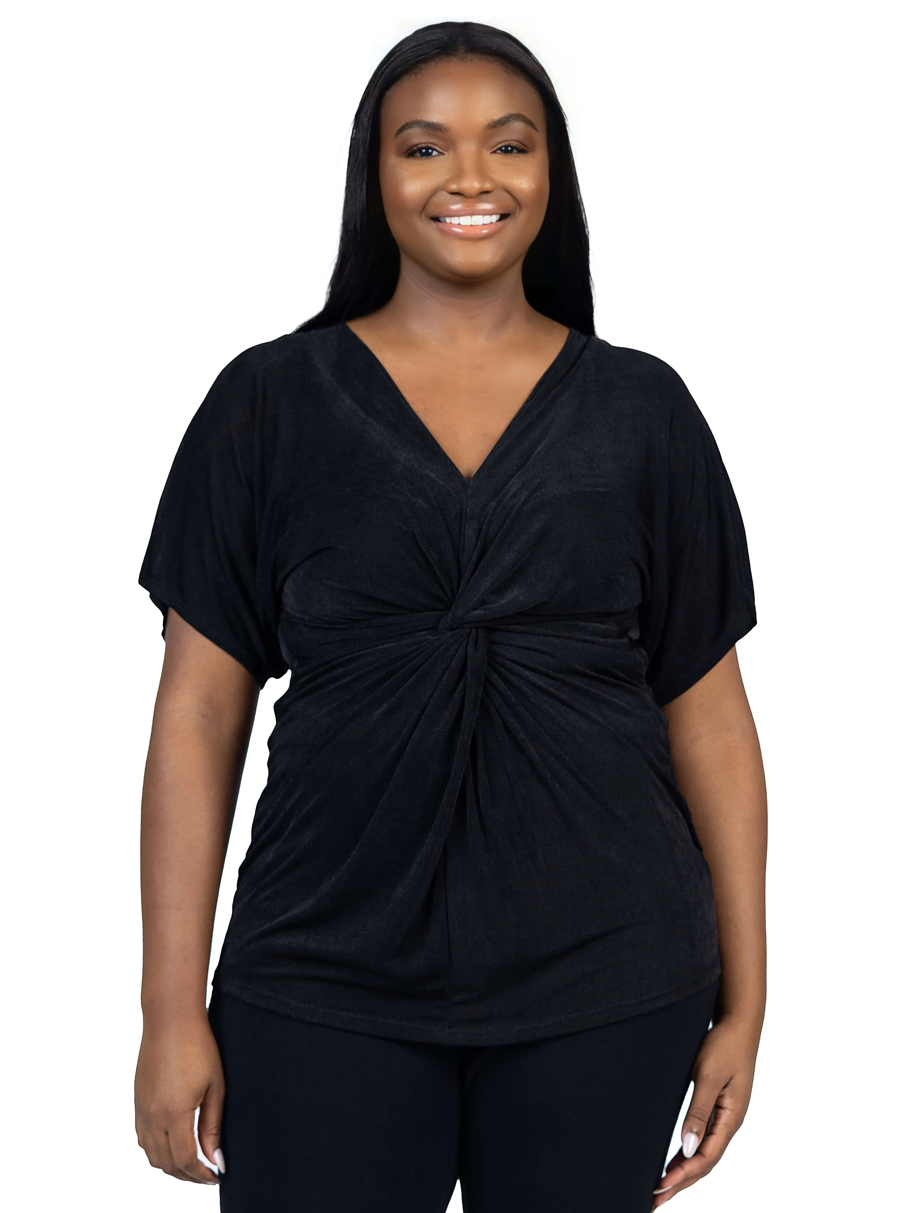 Plus Size V Neck Knot Front Kimono Sleeve Top