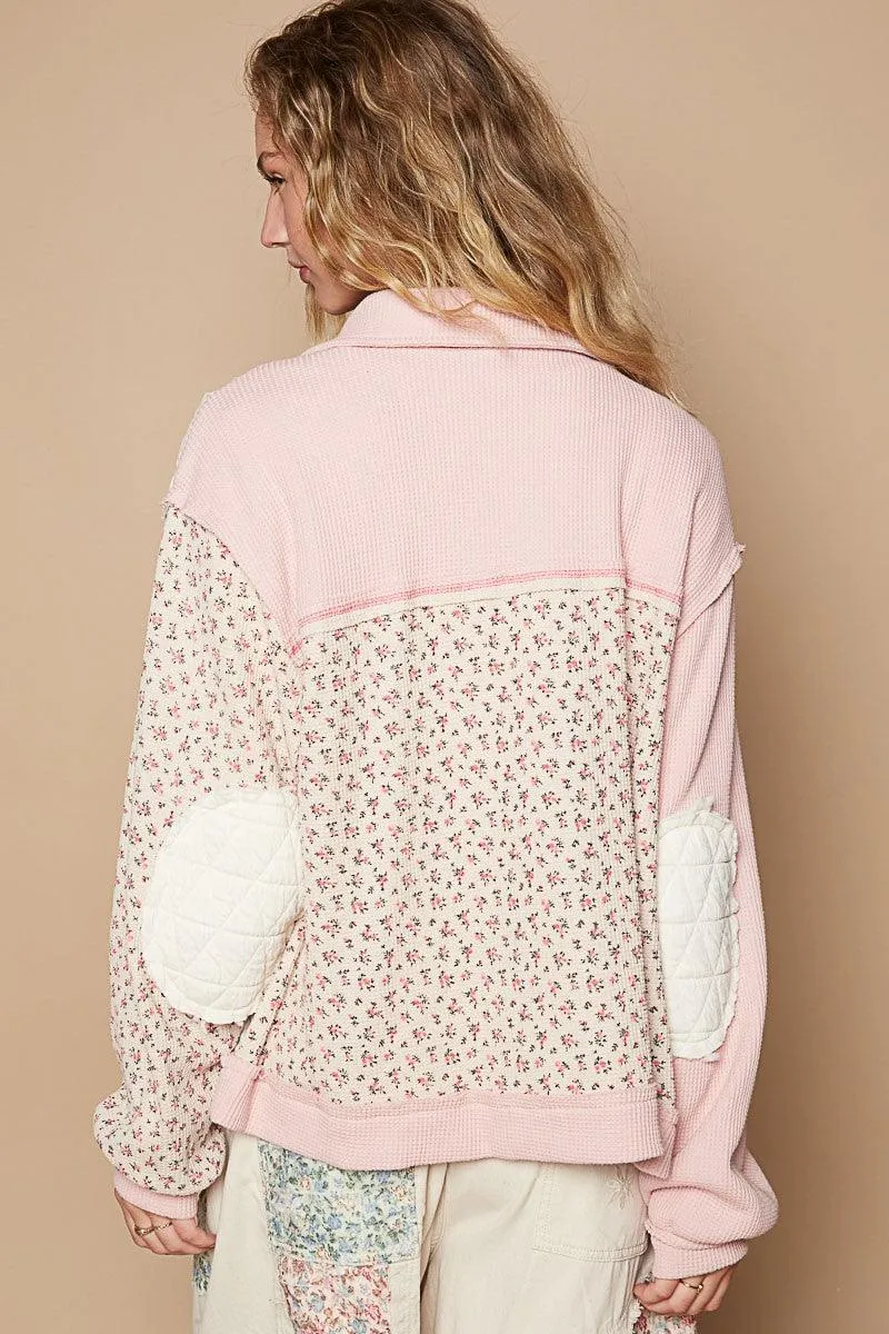 POL Floral Quilted Jacket Women Exposed Seam Button Up Long Sleeve