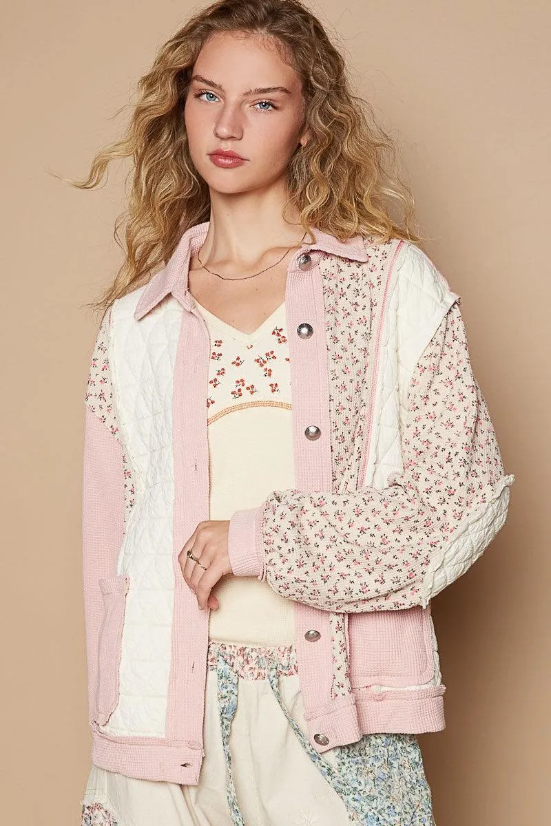 POL Floral Quilted Jacket Women Exposed Seam Button Up Long Sleeve