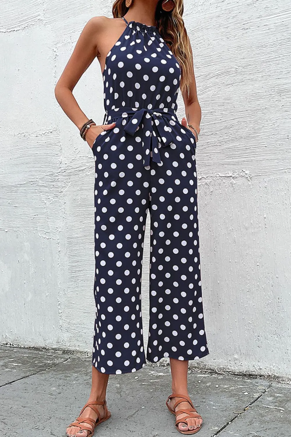 Polka Dot Grecian Wide Leg Jumpsuit