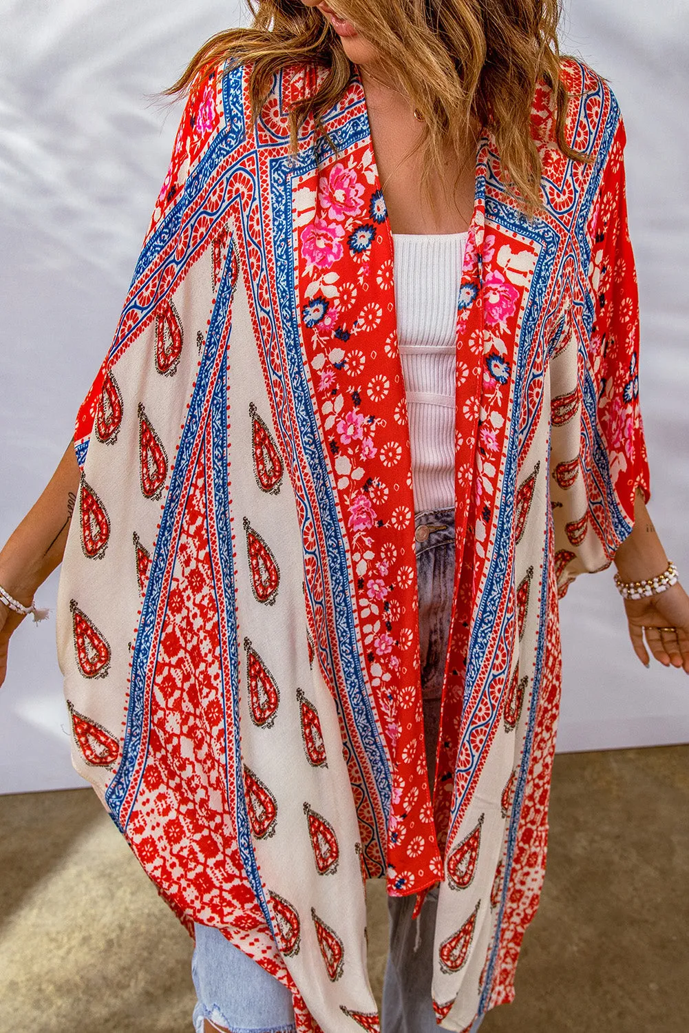 Printed Dolman Sleeve Open Front  Kimono