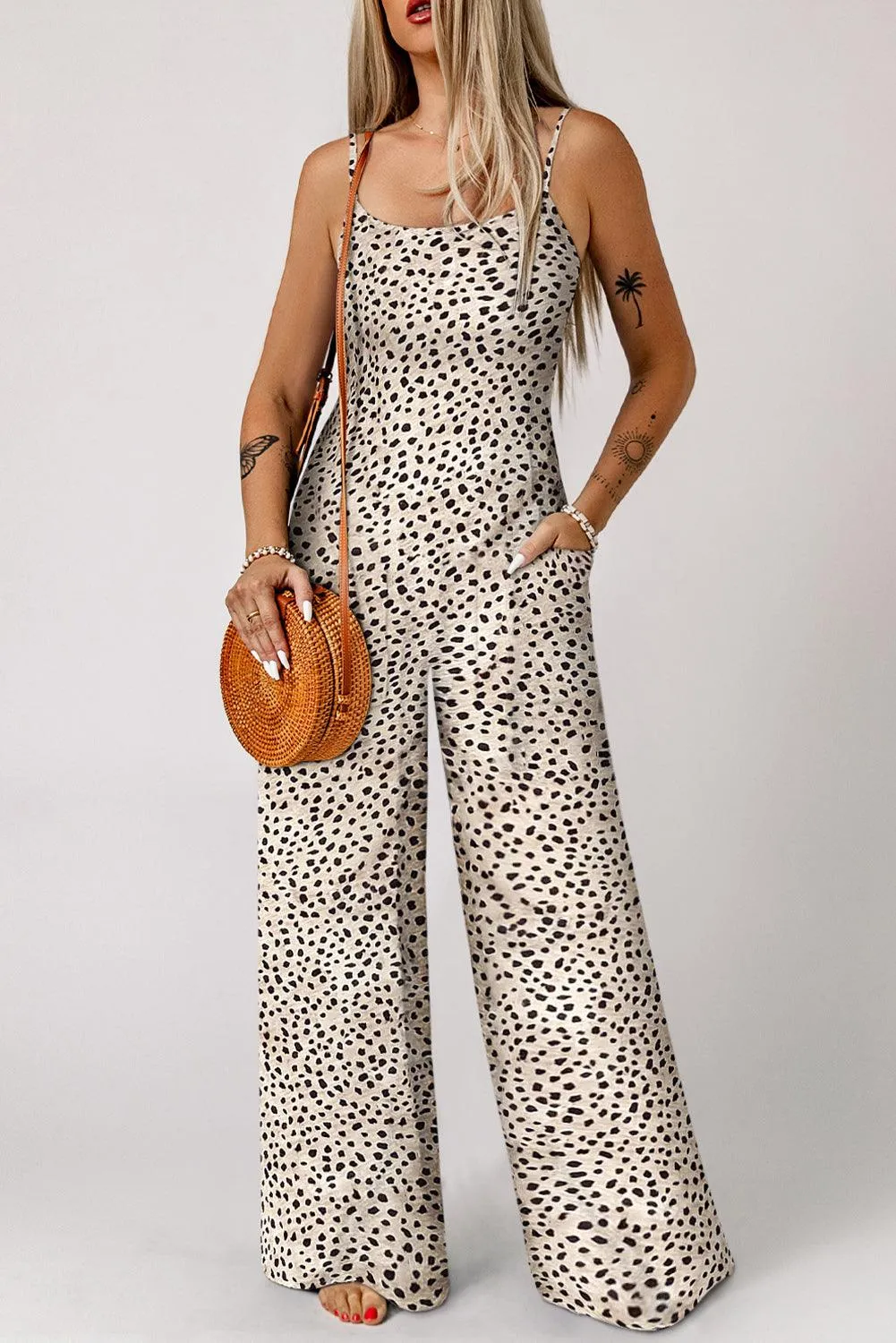 Printed Spaghetti Strap Jumpsuit with Pockets