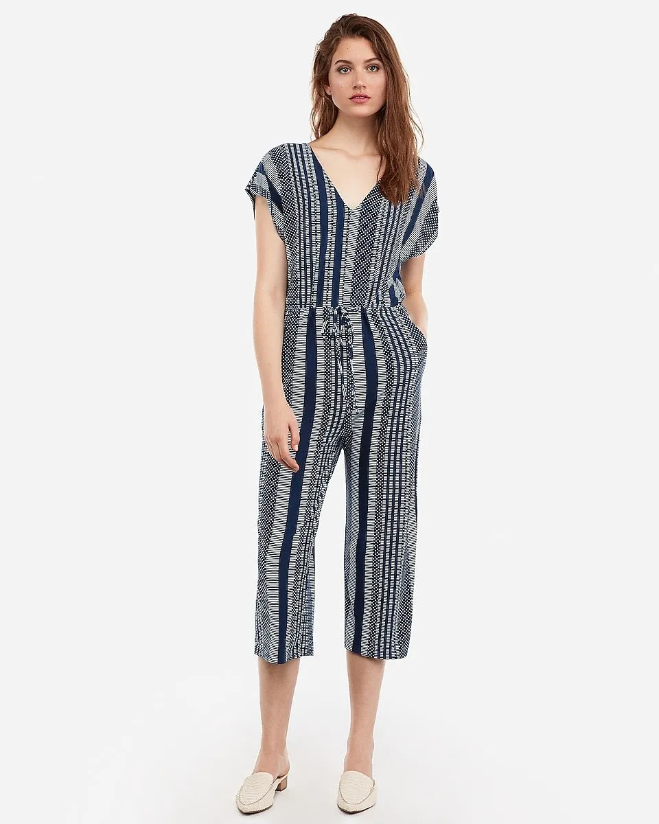 Printed V-Neck Drawstring Culotte Jumpsuit in Print