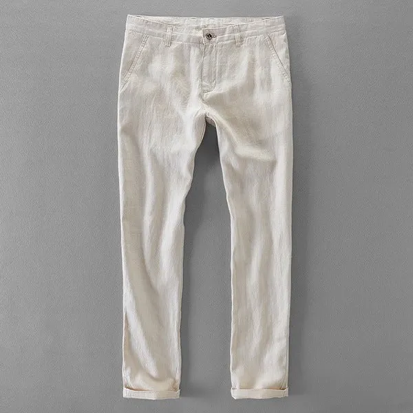 Pure Linen Pocket Solid Casual Pants