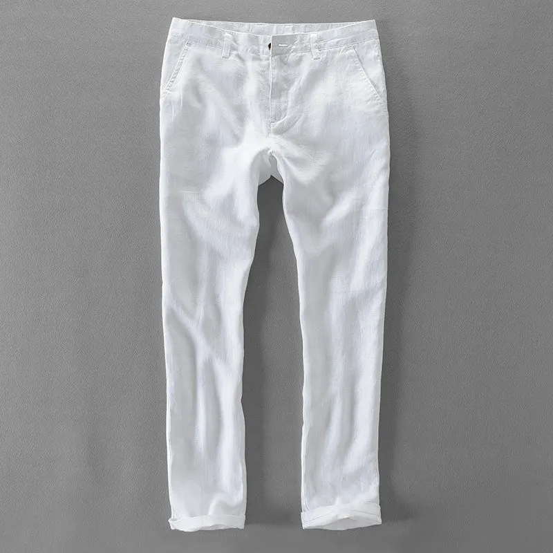 Pure Linen Pocket Solid Casual Pants