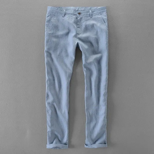 Pure Linen Pocket Solid Casual Pants