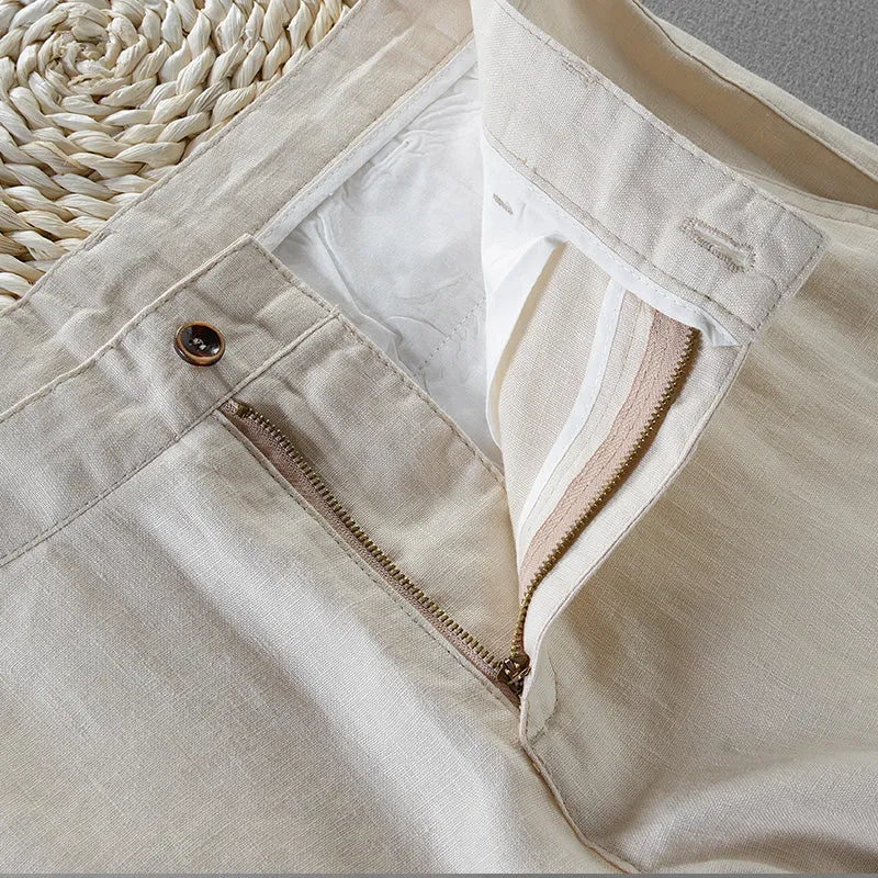 Pure Linen Pocket Solid Casual Pants