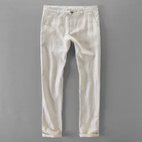 Pure Linen Pocket Solid Casual Pants