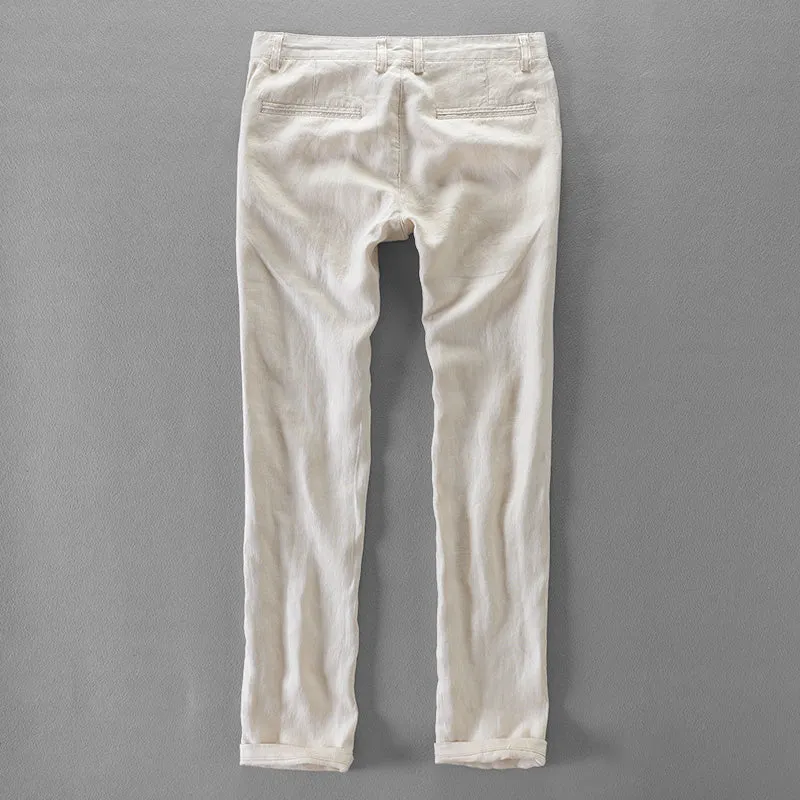 Pure Linen Pocket Solid Casual Pants