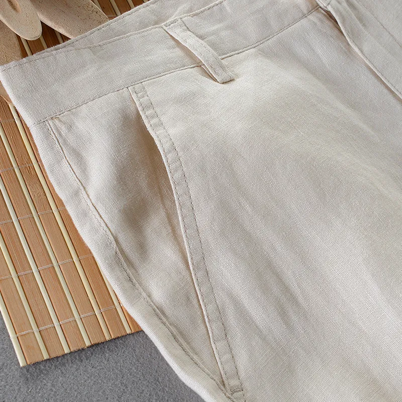 Pure Linen Pocket Solid Casual Pants