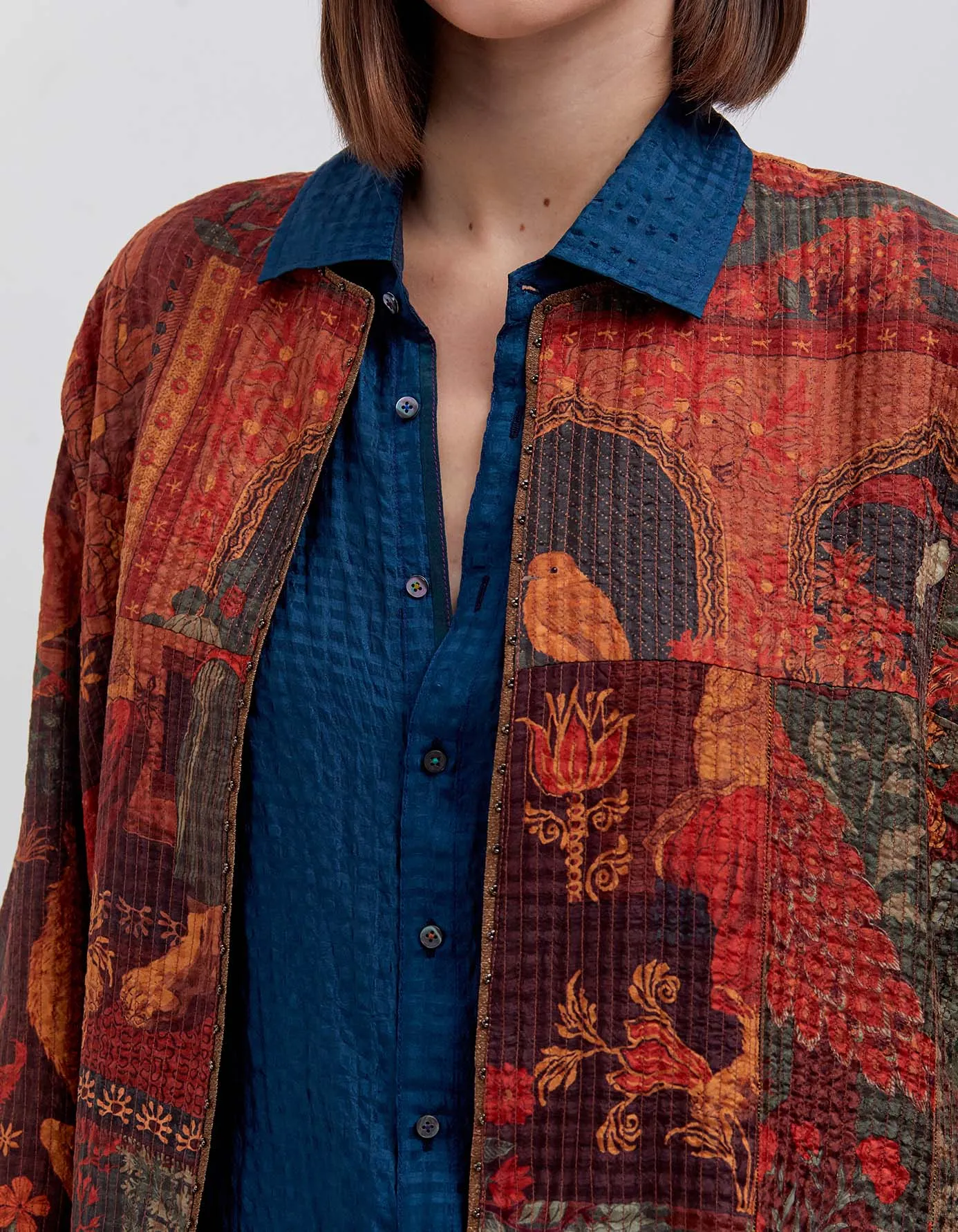 Quilted Jacket Silk Check Dhagai Terracotta