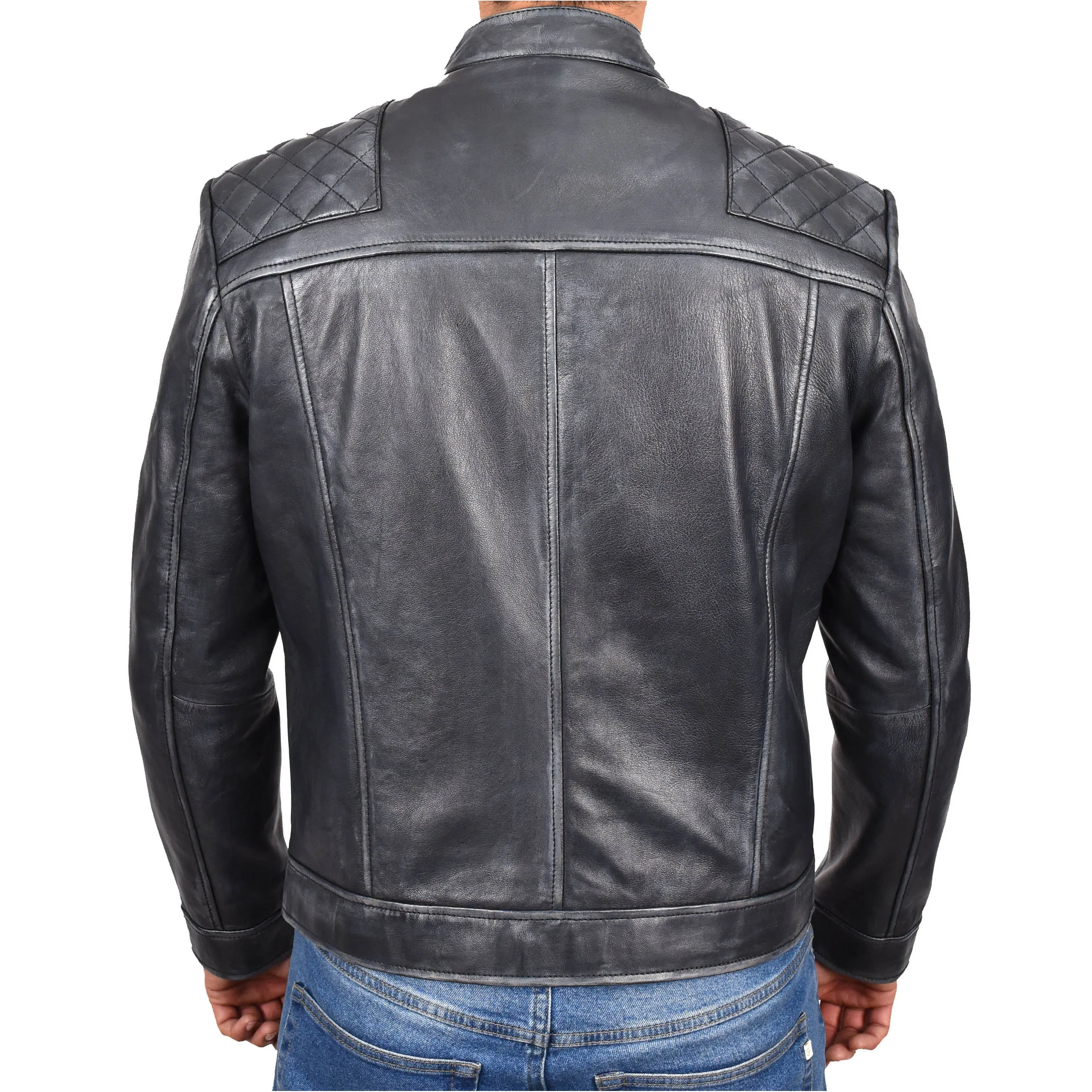 Real Leather Mens Biker Jacket Rub off Rugged Vintage Look Zip Fasten Cafe Racer Samuel