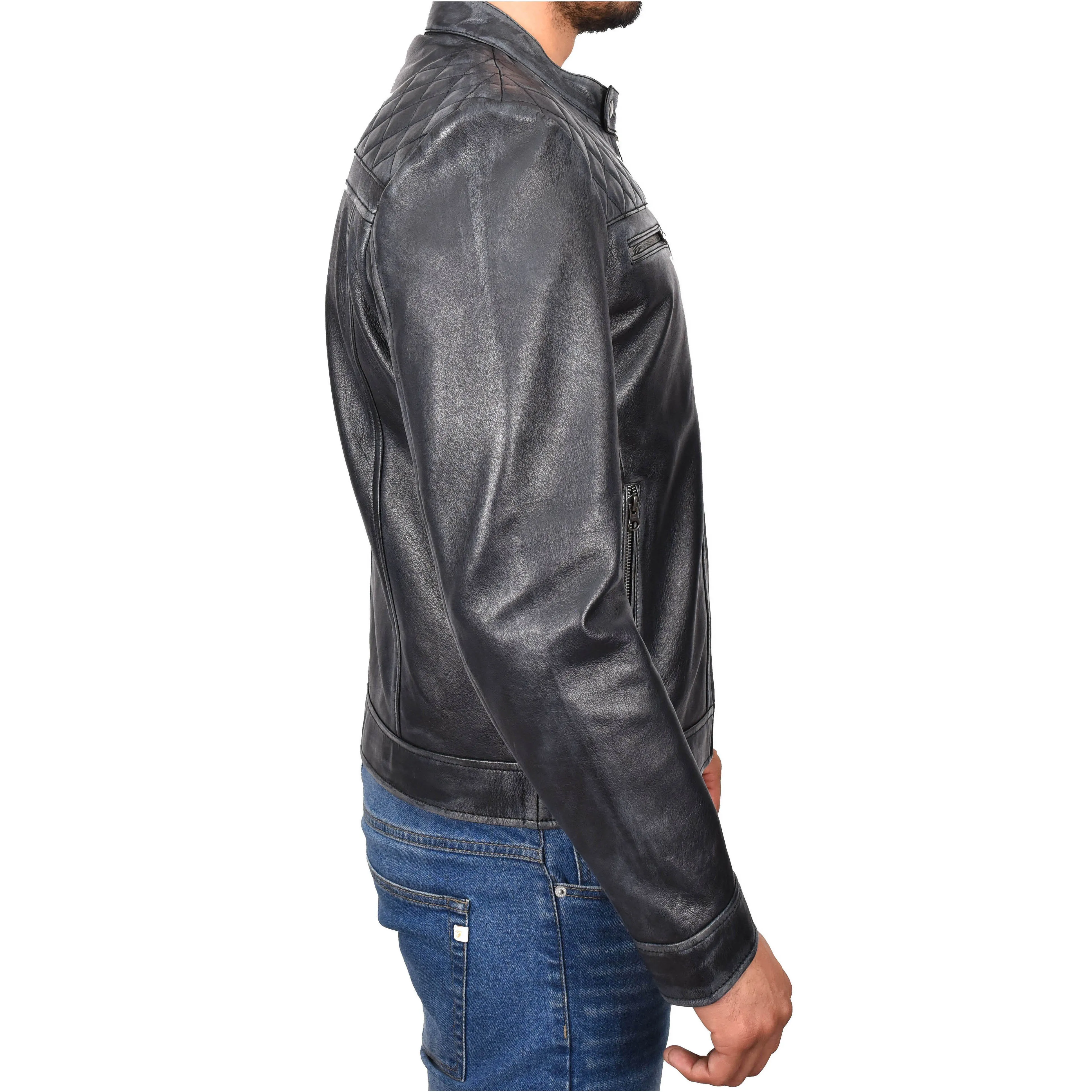 Real Leather Mens Biker Jacket Rub off Rugged Vintage Look Zip Fasten Cafe Racer Samuel