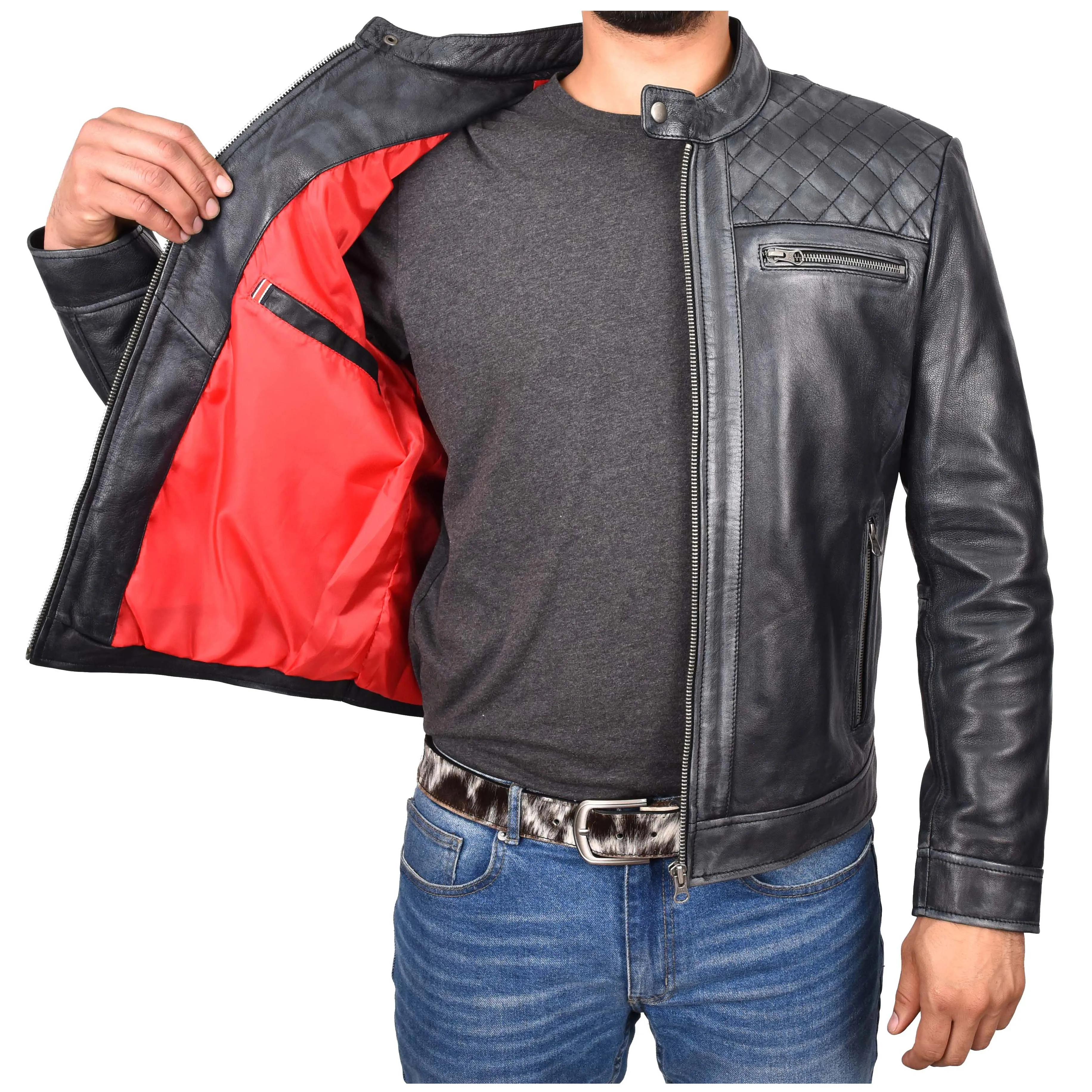 Real Leather Mens Biker Jacket Rub off Rugged Vintage Look Zip Fasten Cafe Racer Samuel