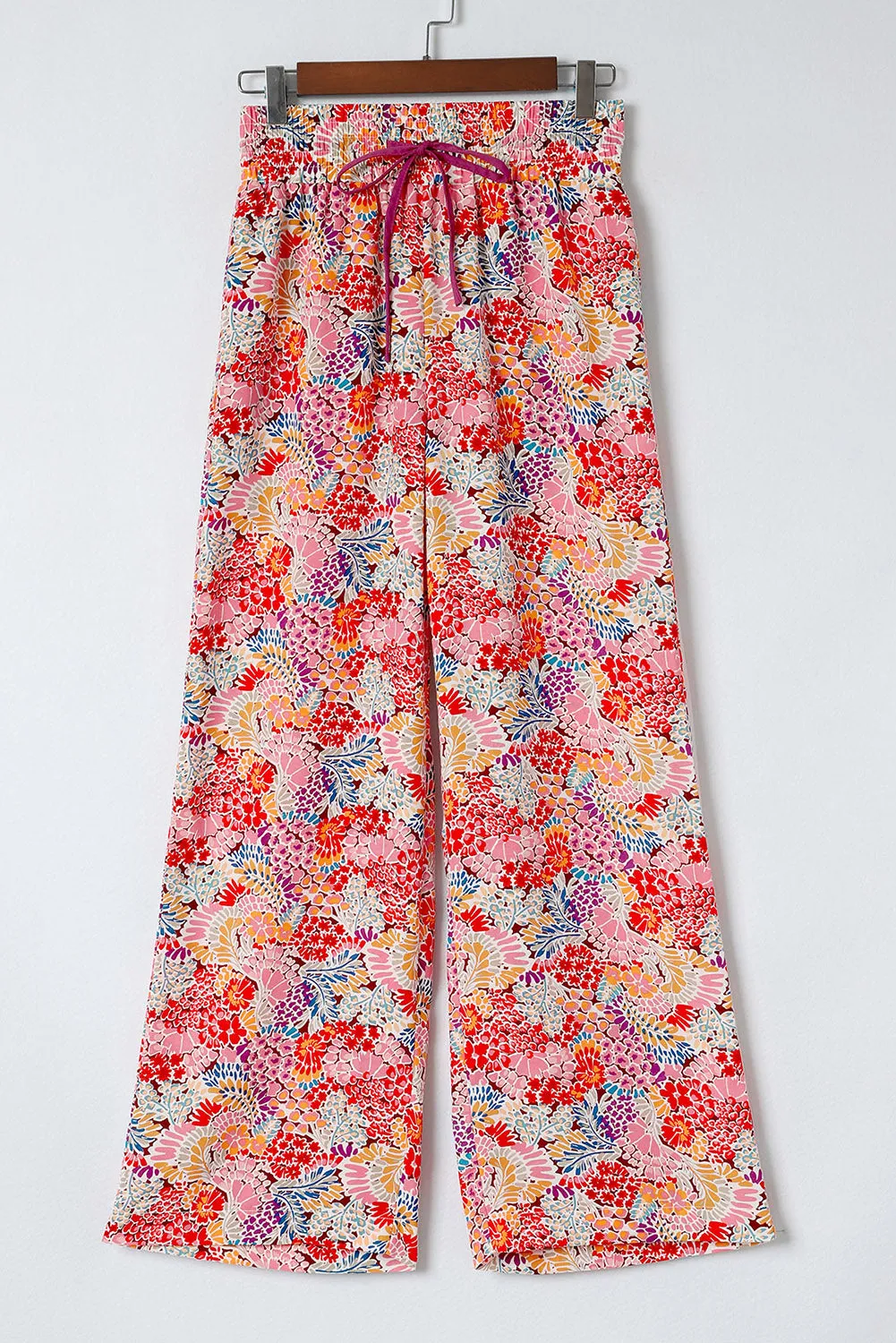 Red Gorgeous Floral Print Drawstring Smocked High Waist Pants