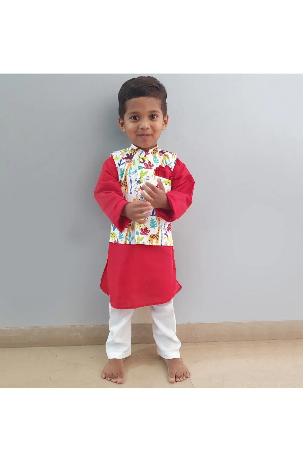 Red Kurta With Animal Printed Jacket And Pyjama Set