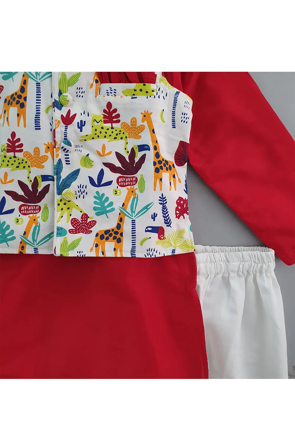 Red Kurta With Animal Printed Jacket And Pyjama Set