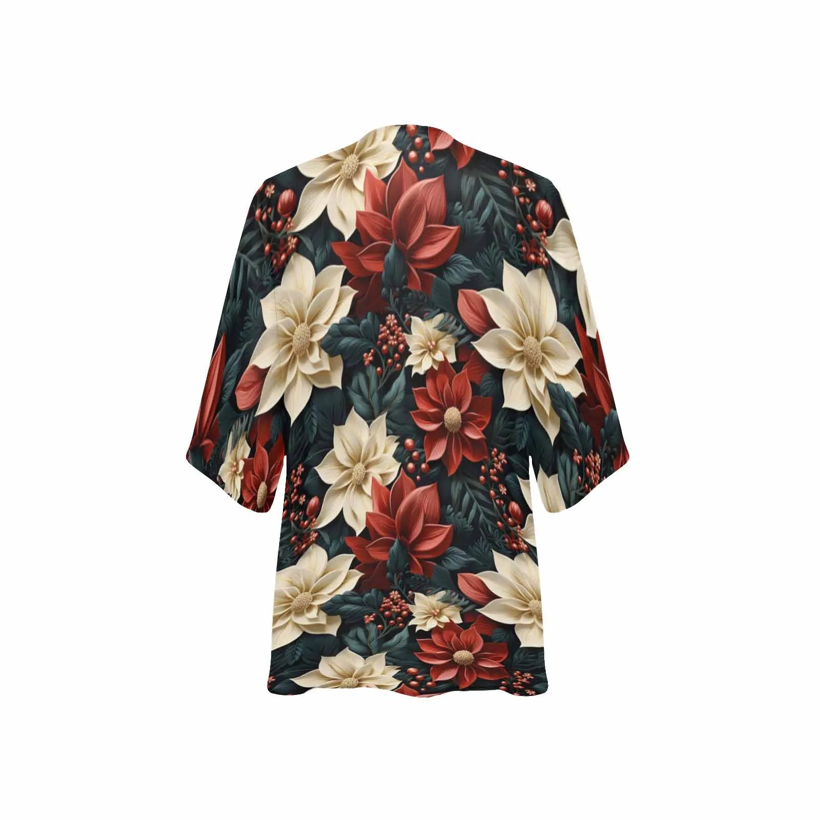 Red Poinsettia Women's Kimono Chiffon Cover Up