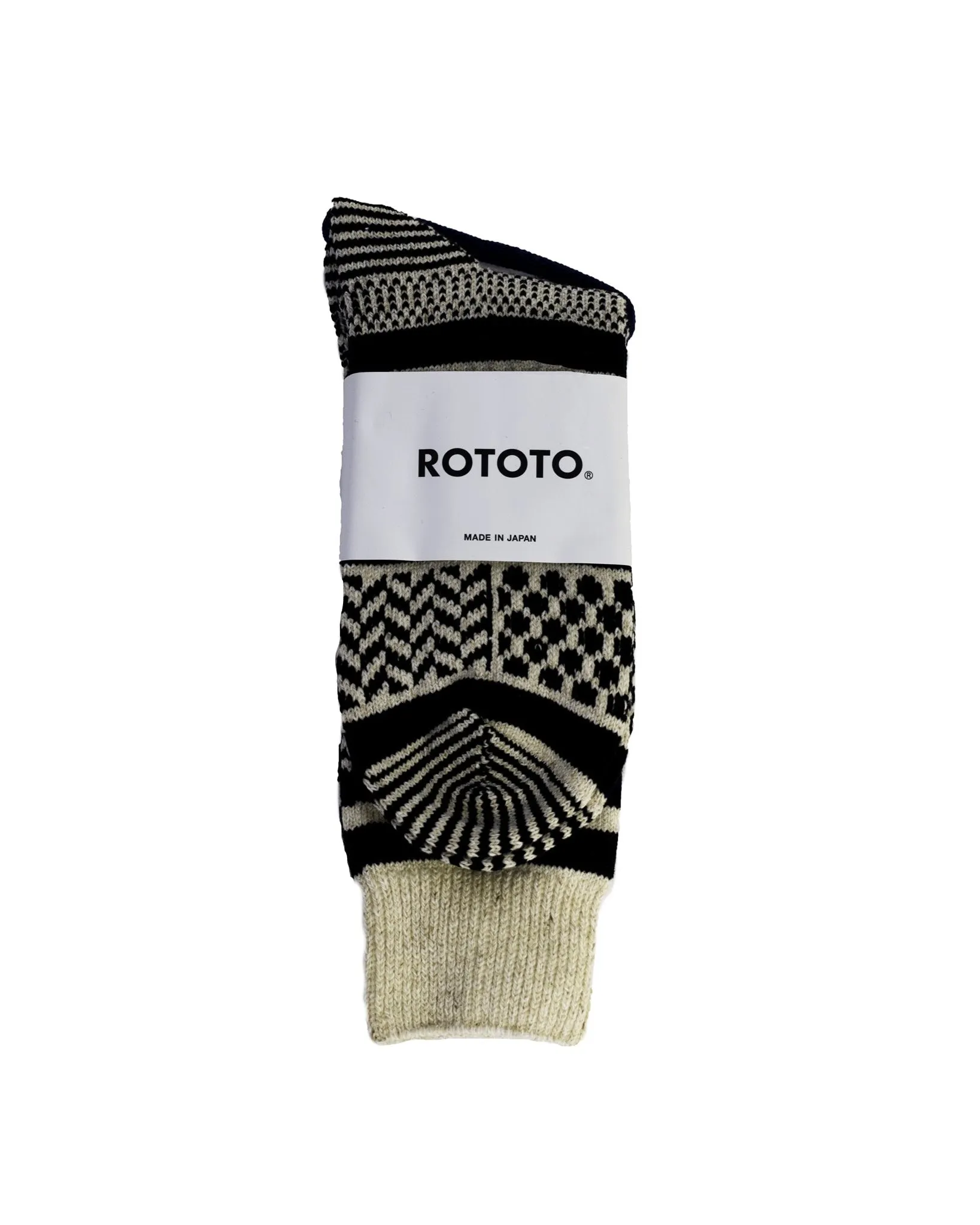 ROTOTO Multi Jacquard Crew Socks Ivory/Black