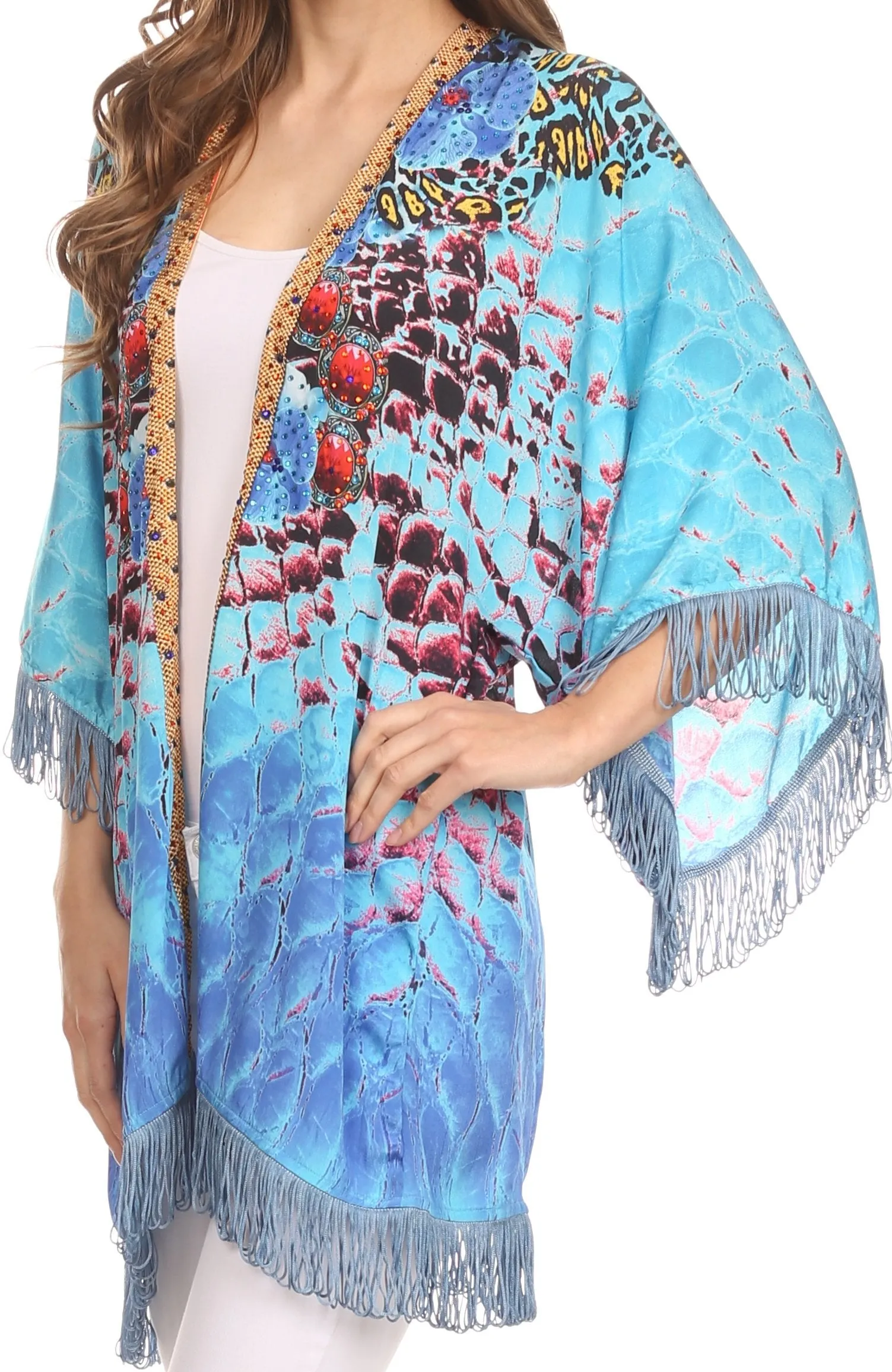 Sakkas Holiday Tribal Sheer Kimono Top Cardigan With Fringe And Open Front