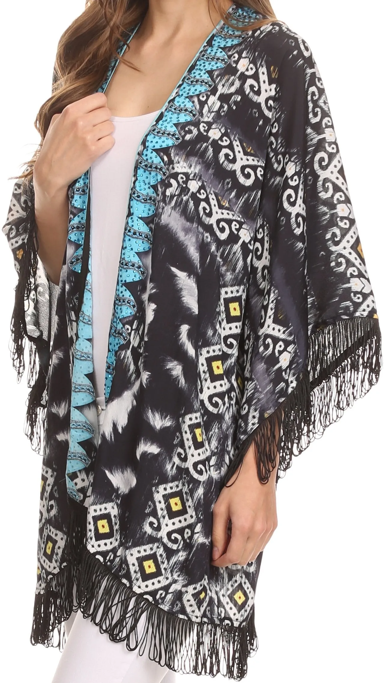 Sakkas Holiday Tribal Sheer Kimono Top Cardigan With Fringe And Open Front