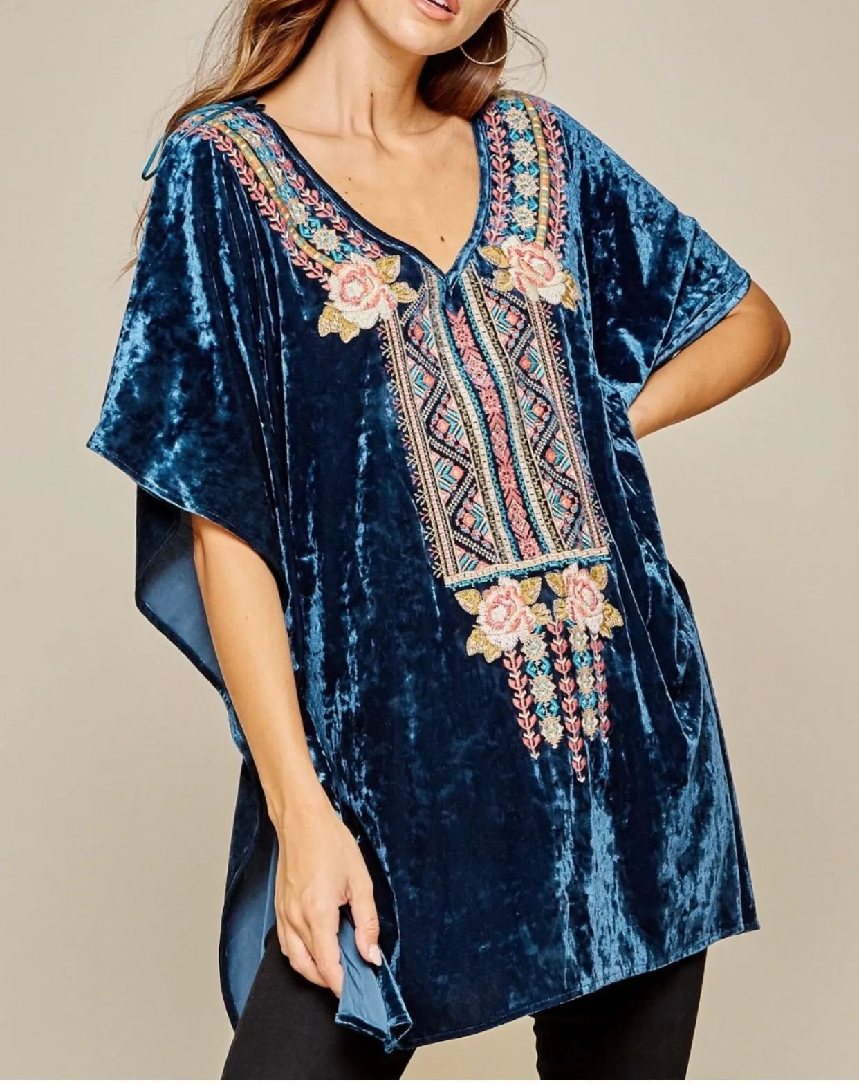 Sammy Embroidered Velvet Floral Poncho