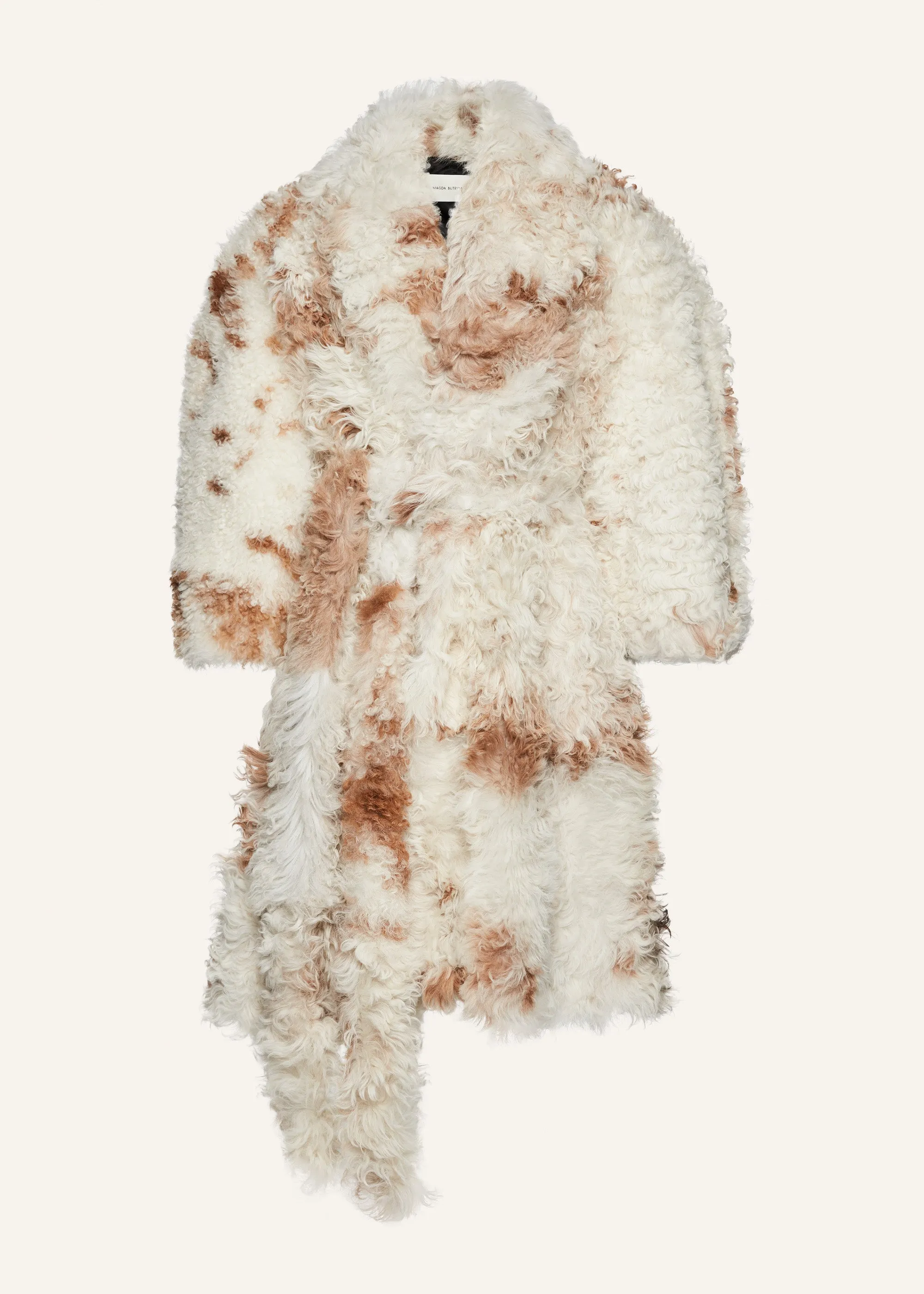 Shaggy shearling coat in white and caramel