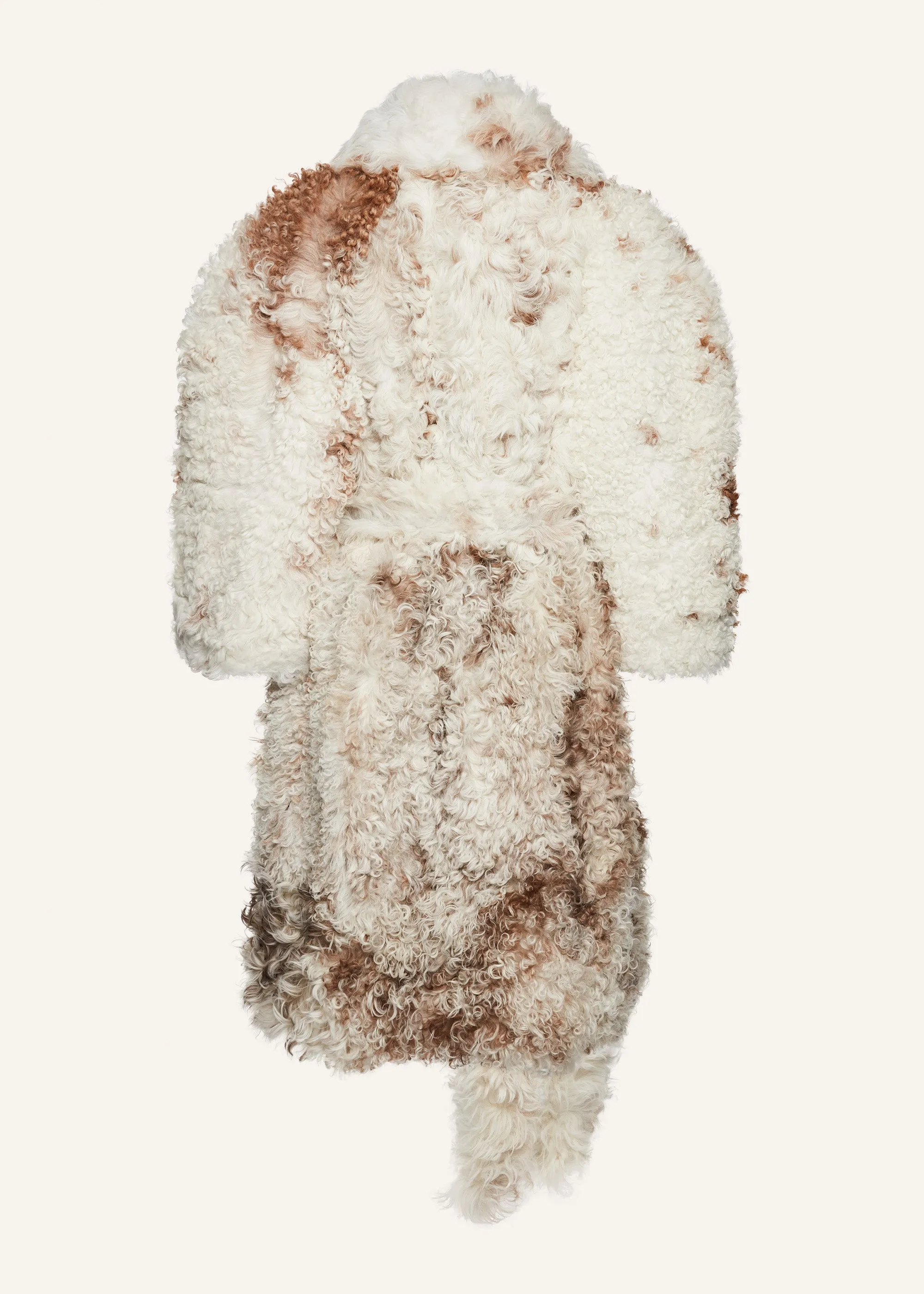 Shaggy shearling coat in white and caramel