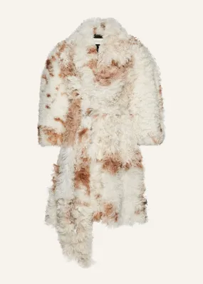 Shaggy shearling coat in white and caramel