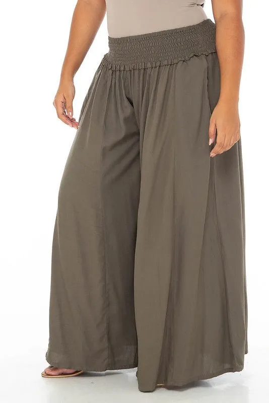 SHU-SHI Women's Palazzo Flowy Summer Pants - Wide Leg Lounge Trousers with Elastic Waist and Side Pockets -  Olive