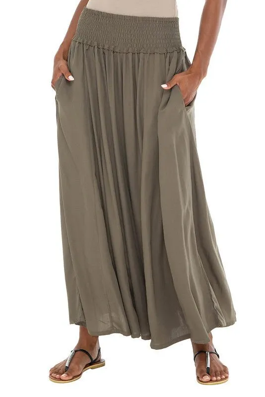 SHU-SHI Women's Palazzo Flowy Summer Pants - Wide Leg Lounge Trousers with Elastic Waist and Side Pockets -  Olive