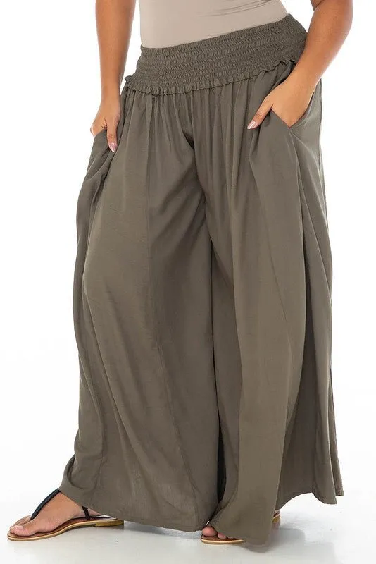 SHU-SHI Women's Palazzo Flowy Summer Pants - Wide Leg Lounge Trousers with Elastic Waist and Side Pockets -  Olive