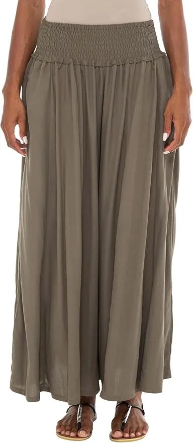 SHU-SHI Women's Palazzo Flowy Summer Pants - Wide Leg Lounge Trousers with Elastic Waist and Side Pockets -  Olive