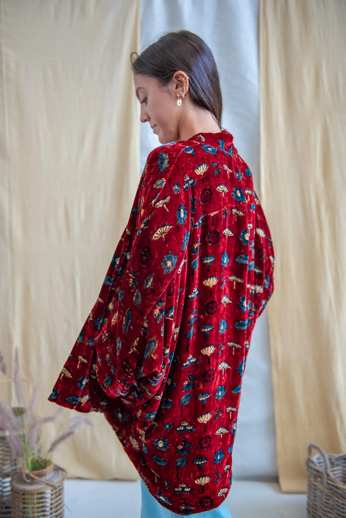 Silk Velvet Kimono Jacket - Red Floral