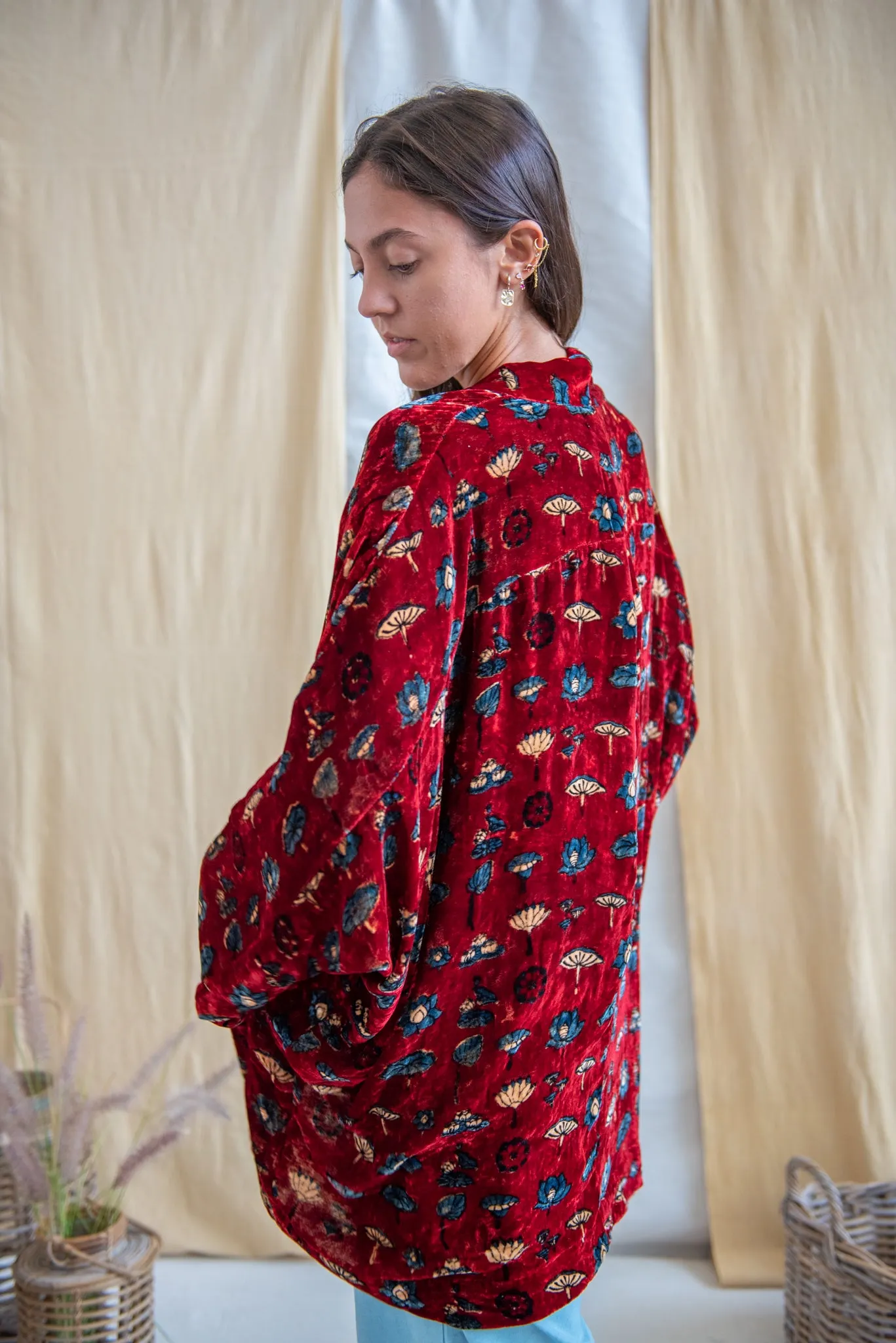 Silk Velvet Kimono Jacket - Red Floral