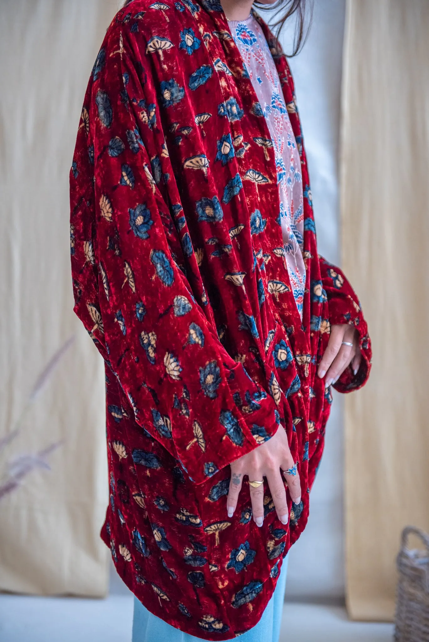 Silk Velvet Kimono Jacket - Red Floral