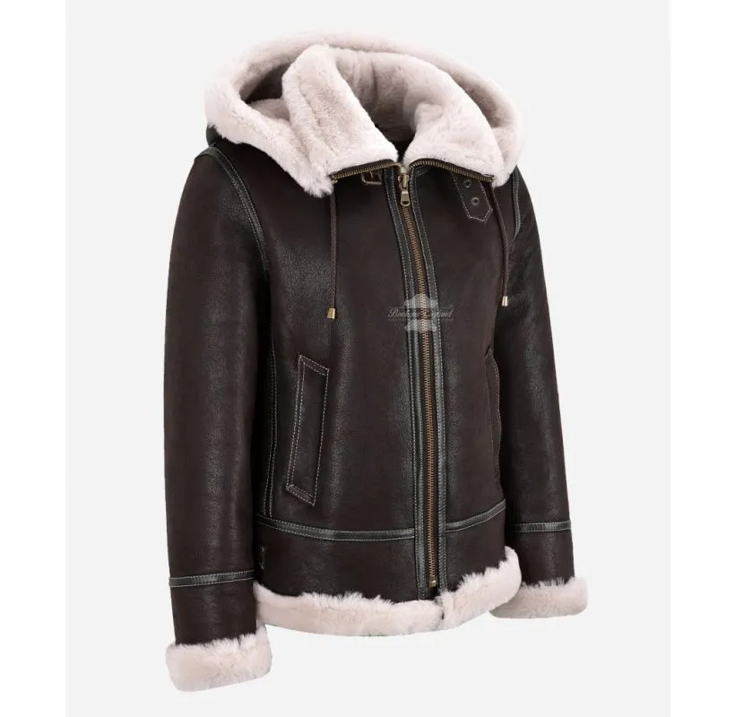 Snow Queen Women's Hooded Shearling Jacket Sheepskin Aviator Flying Jacket