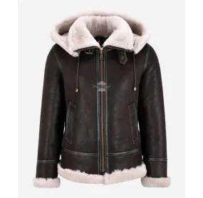 Snow Queen Women's Hooded Shearling Jacket Sheepskin Aviator Flying Jacket