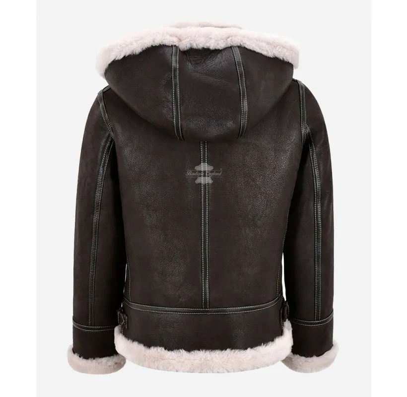 Snow Queen Women's Hooded Shearling Jacket Sheepskin Aviator Flying Jacket