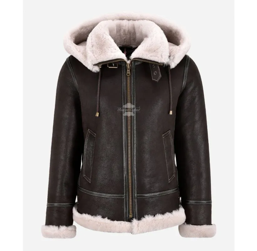 Snow Queen Women's Hooded Shearling Jacket Sheepskin Aviator Flying Jacket