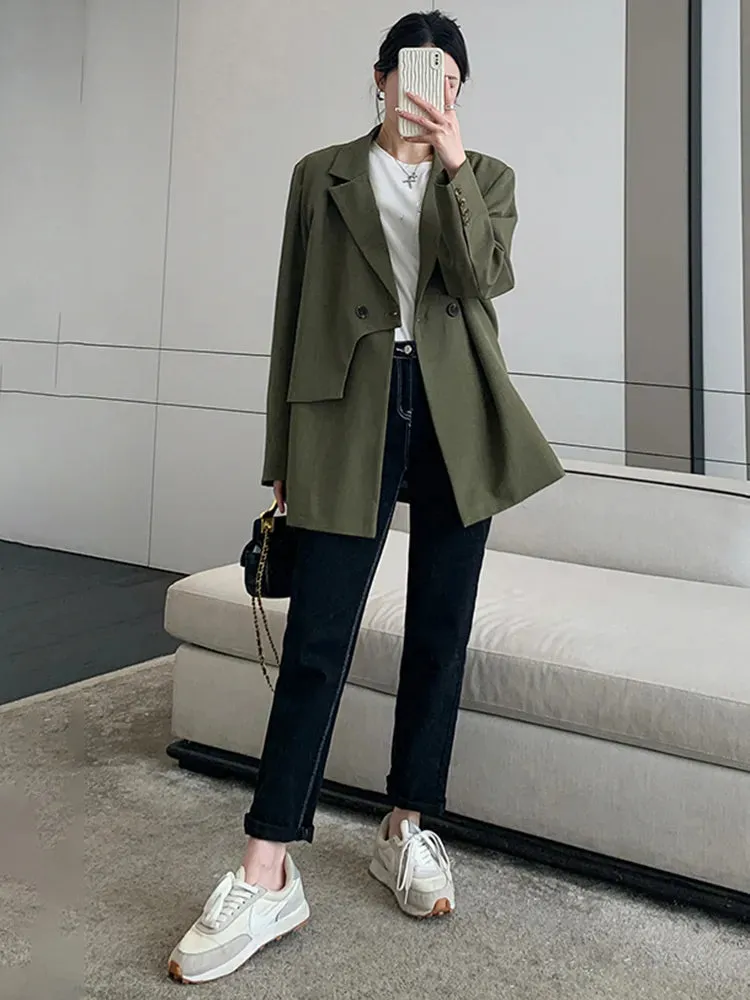 Solid Blazers For Women Notched Collar Long Sleeves Double Breasted Casual Blazer Female Temperament Clothes