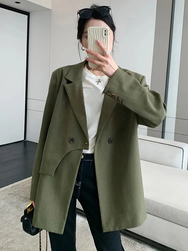 Solid Blazers For Women Notched Collar Long Sleeves Double Breasted Casual Blazer Female Temperament Clothes