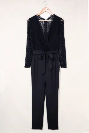 Spliced Lace Tie Waist Jumpsuit