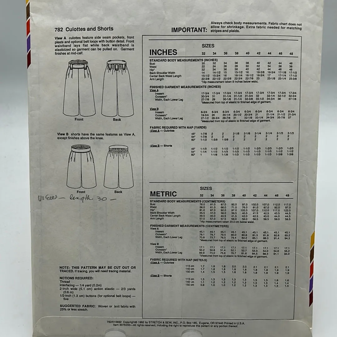 STRETCH N SEW Pattern, Culottes and Shorts (PSS0782)