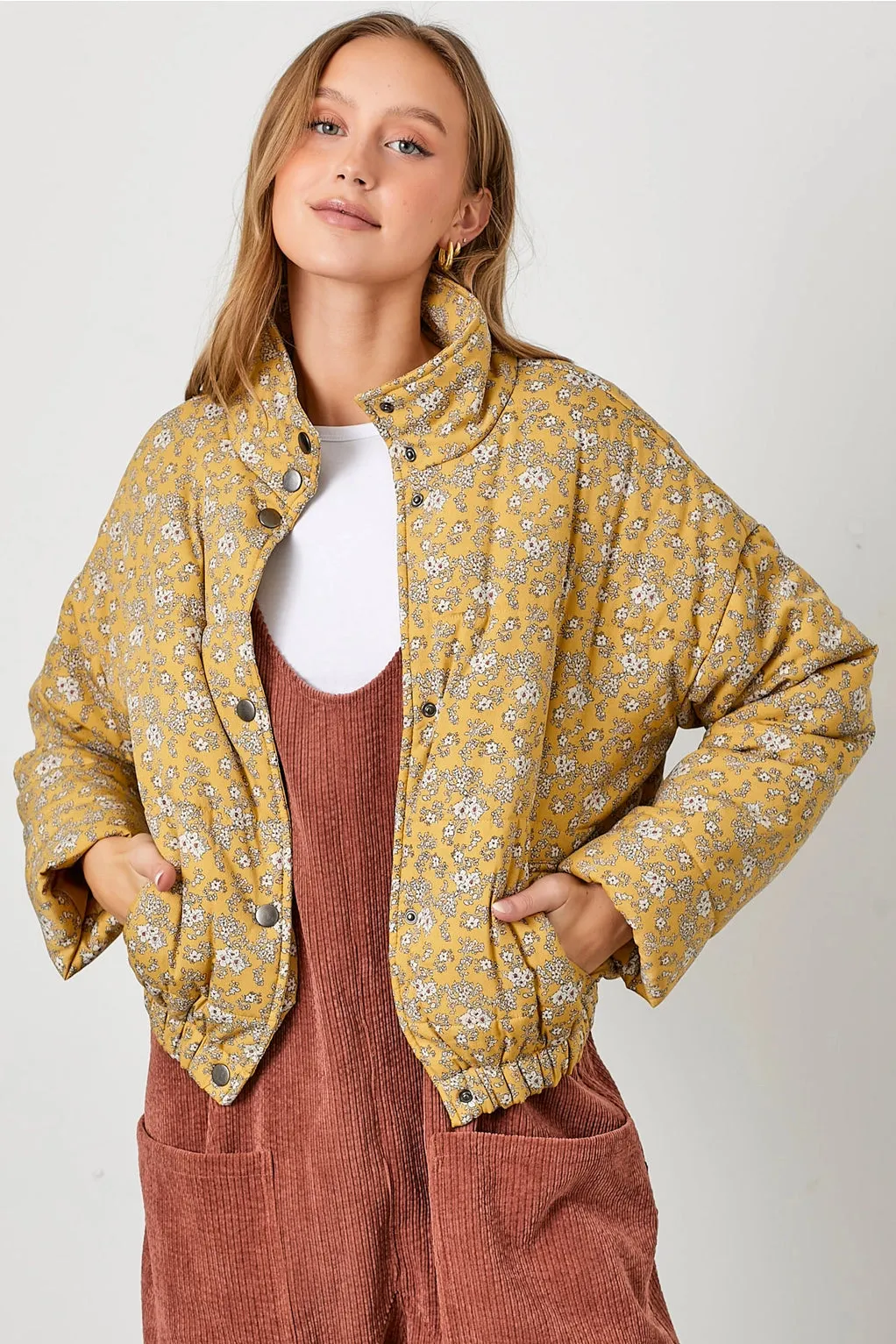 The Ditsy Puffy Jacket - Mustard Floral - PLUS