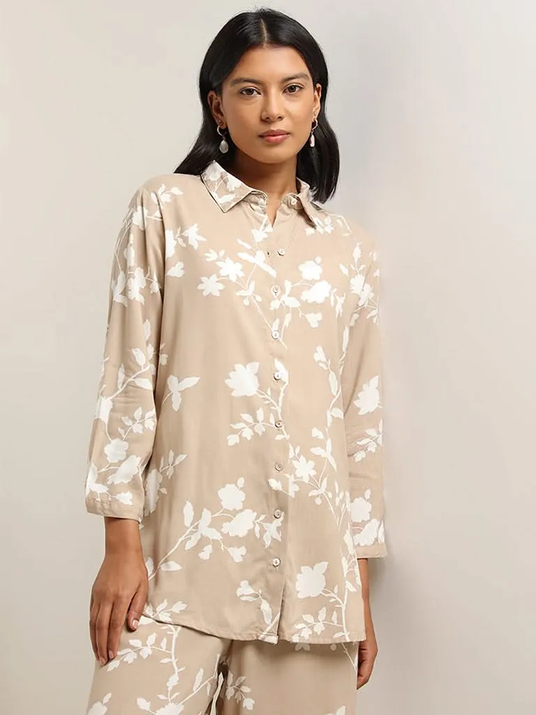 Utsa Beige Leaf Printed Straight Tunic