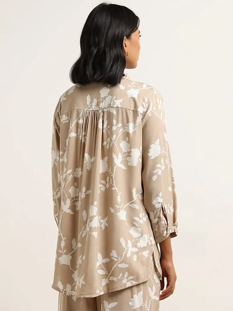 Utsa Beige Leaf Printed Straight Tunic