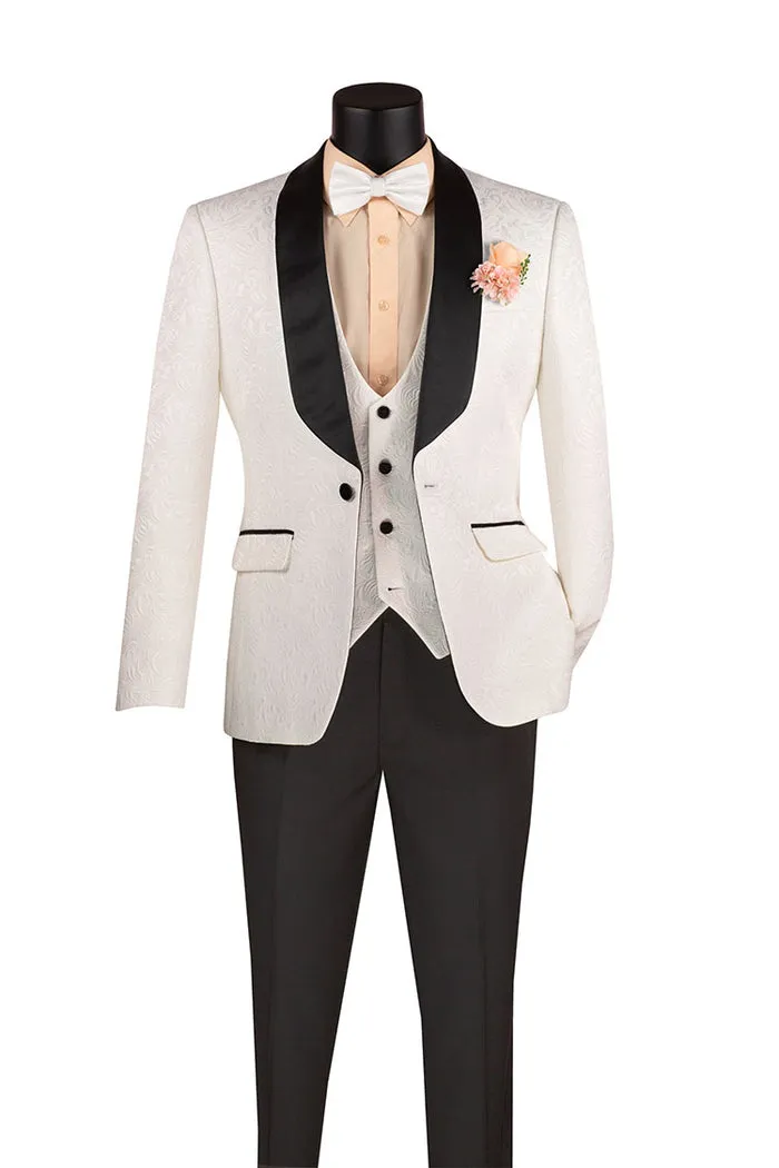 Vinci Slim Fit 3 Piece Single Button Jacquard Fabric Tuxedo White TVSJ-1