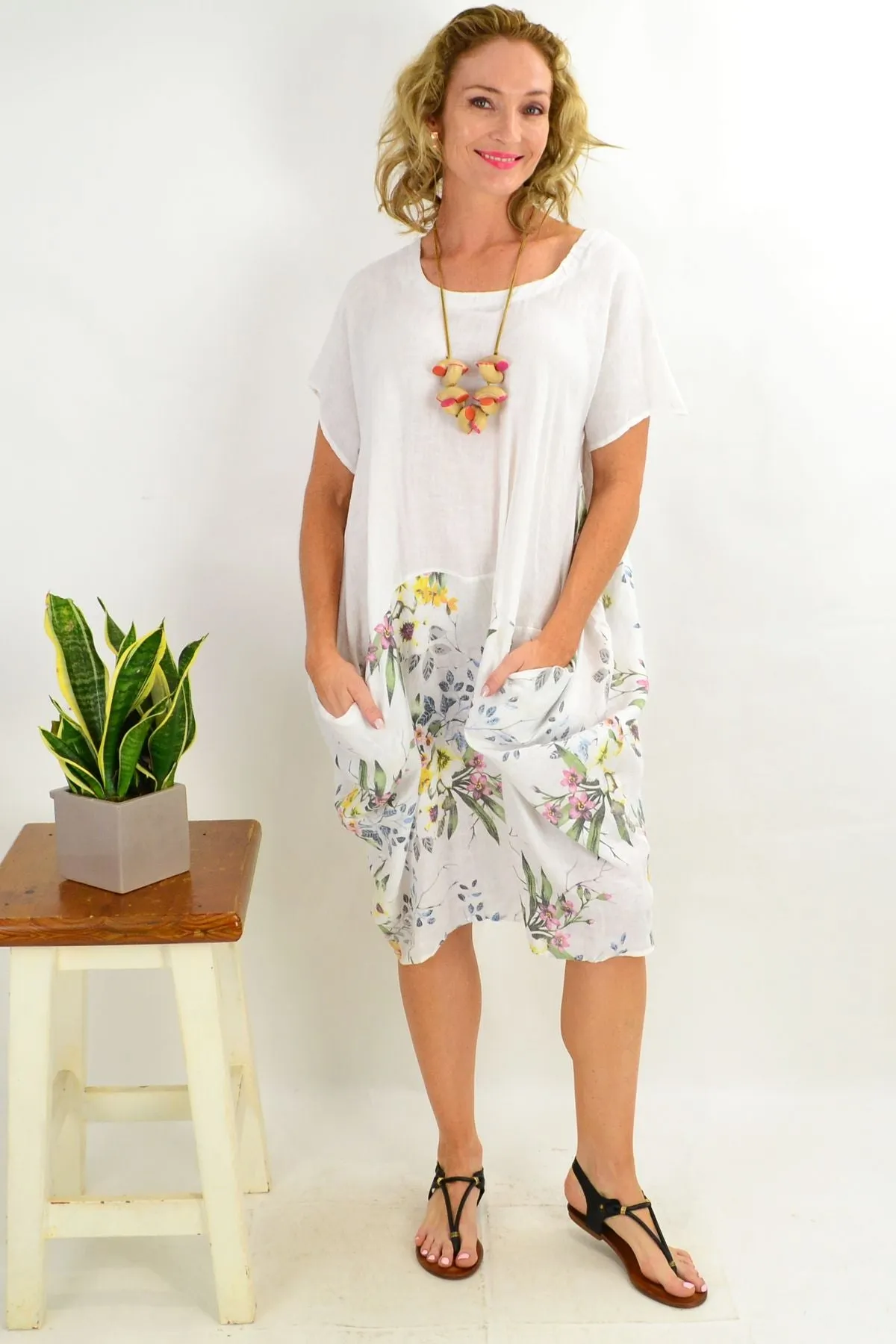 White Native Flower Sleeve Linen Tunic Dress