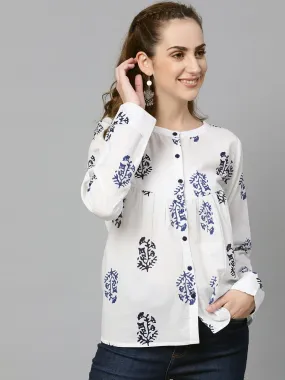 White Navy Blue Printed Tunic With Mandarin Collar & Full Sleeves